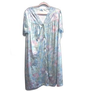 Lorraine Womens Pastel Blue Night Gown Robe Set OS Floral Vintage Short Sleeve